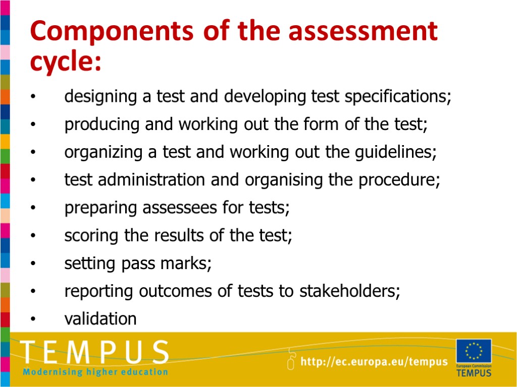 Components of the assessment cycle: designing a test and developing test specifications; producing and